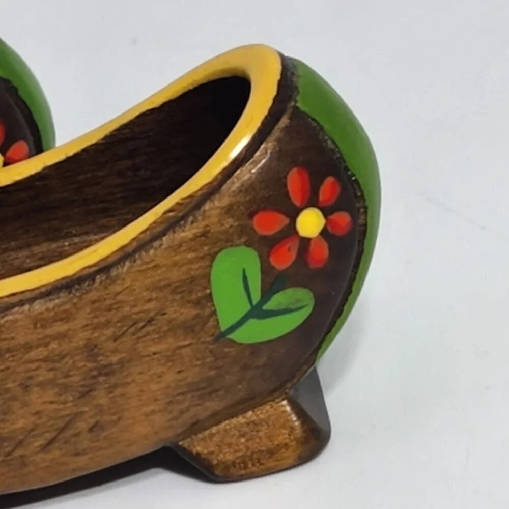Miniature Hand Painted Vintage Wooden Clogs With Floral Design Red Tips Pair